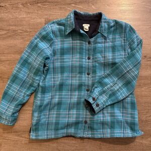 L.L. Bean Turquoise Plaid Fleece Lined Flannel Shacket Womens S 21" Pit To Pit